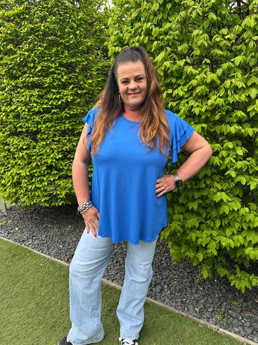 SHIRT MET KORTE RUFFLE MOUW KOBALT