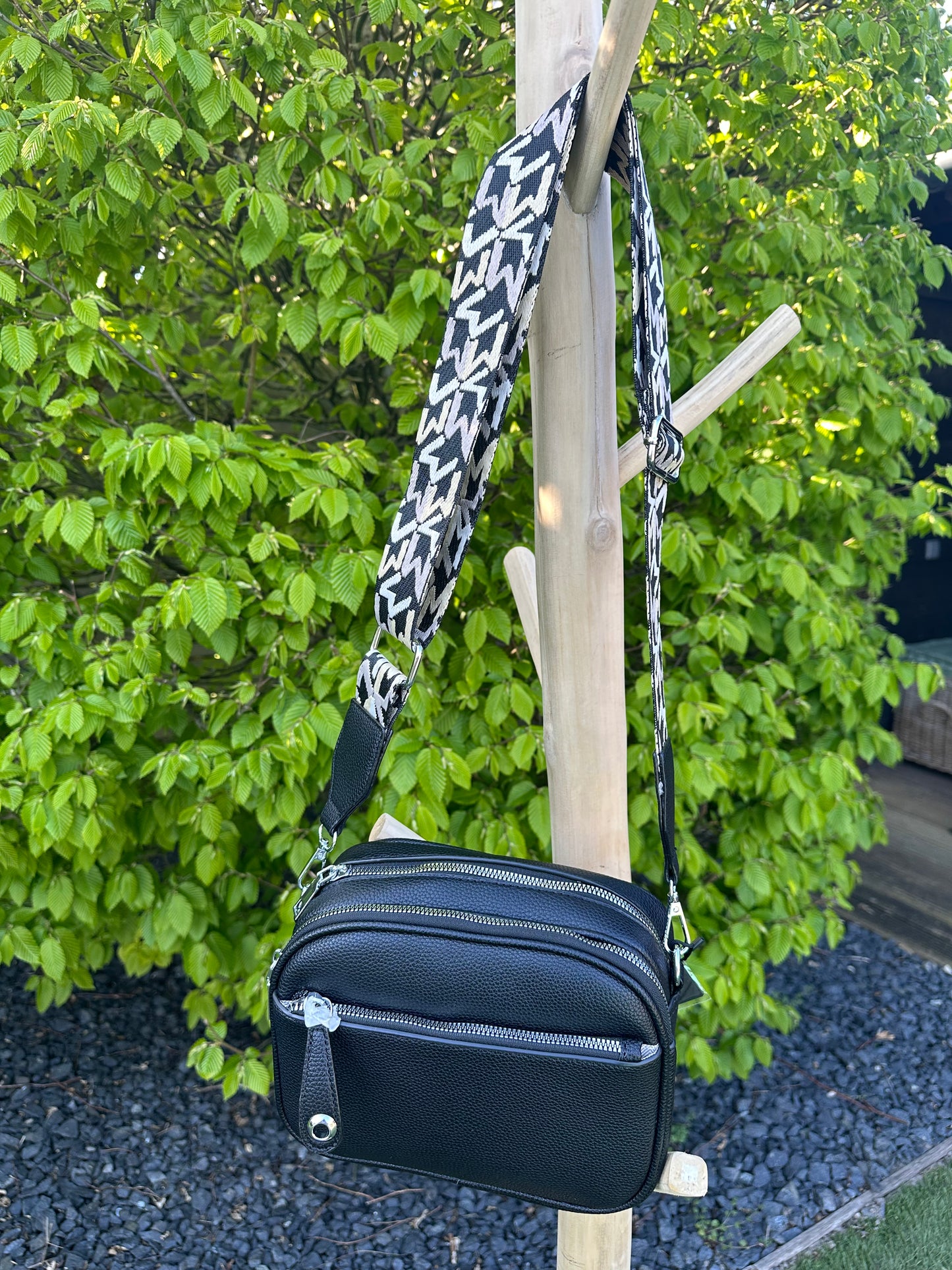 TAS SKY LEER ZWART MET RITSJES EN BAG STRAP