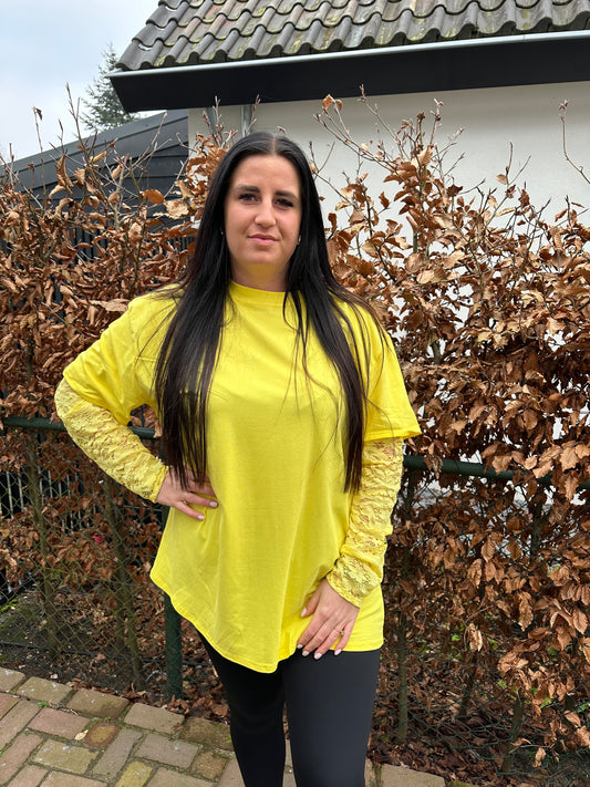 Shirt met kanten mouw GEEL