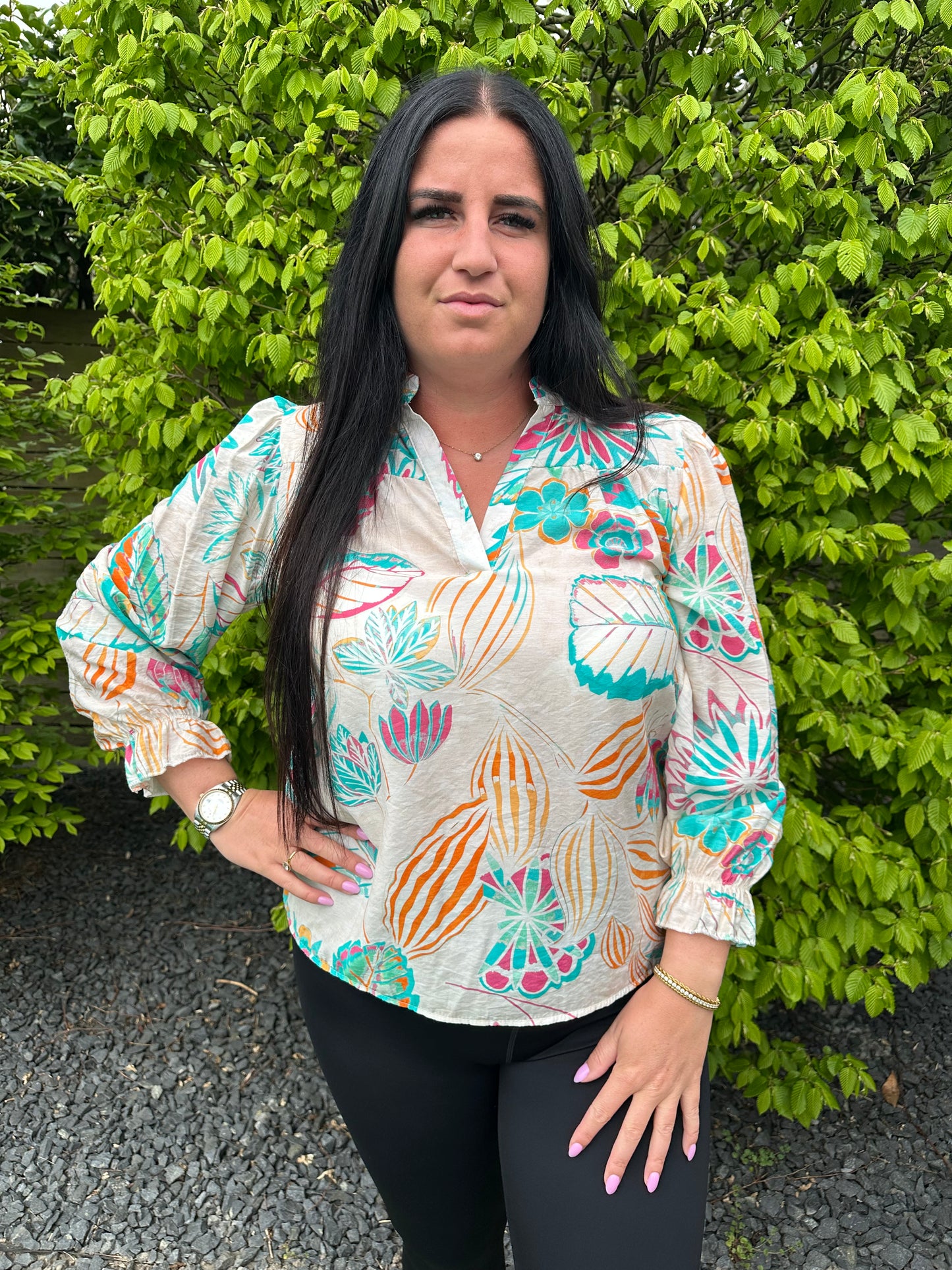 BLOUSE PRINT BLOEM AQUA