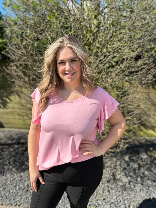 SHIRT MET KORTE RUFFLE MOUW ROZE