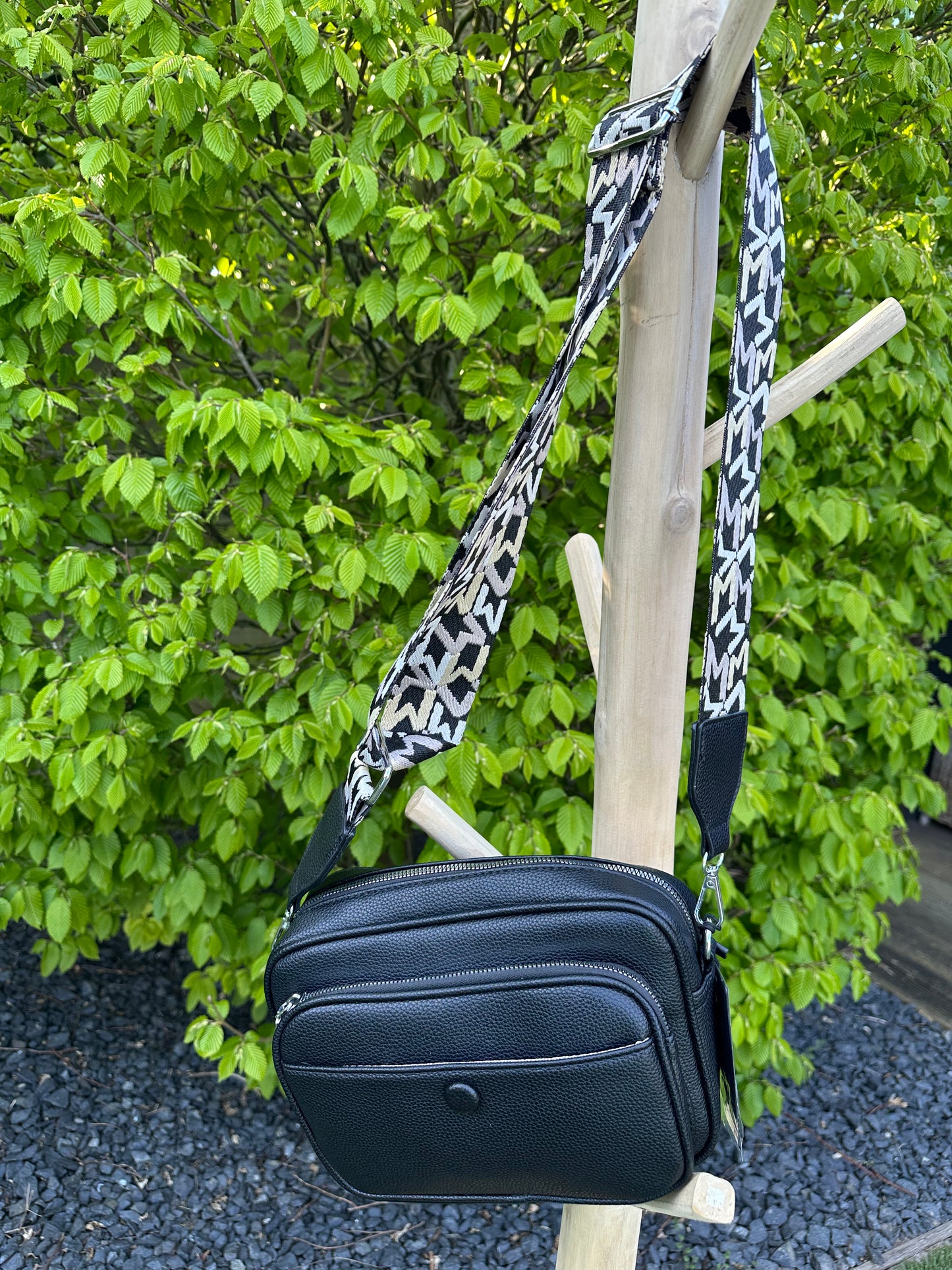 TAS SKY LEER ZWART MET RITSJES EN BAG STRAP