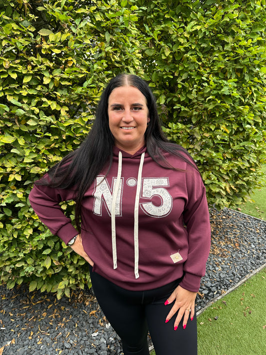 Hoodie met No 5 glitter BORDEAUX