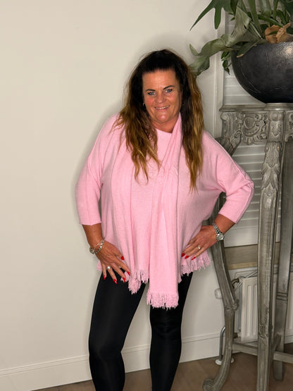 Trui met franjes en sjaal ROZE