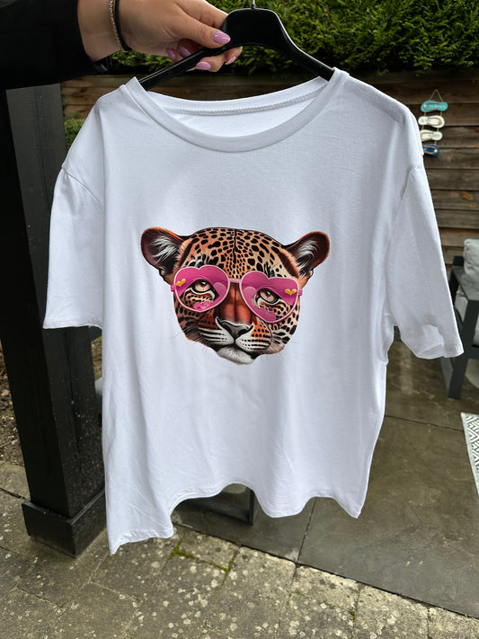 T-SHIRT MET PANTER BRIL FUCHSIA