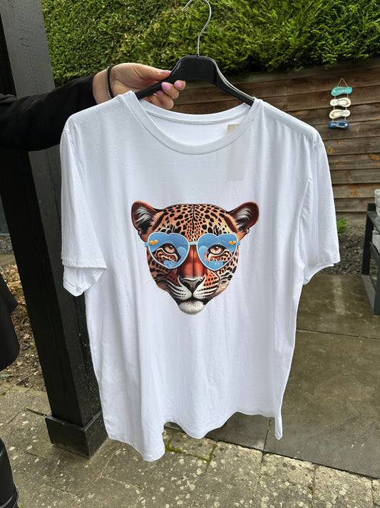 T-SHIRT MET PANTER BRIL LICHT BLAUW