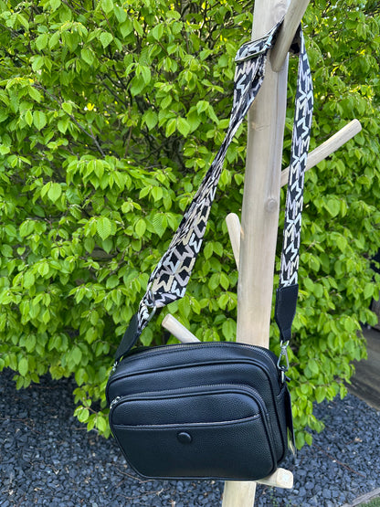 TAS SKY LEER ZWART MET RITSJES EN BAG STRAP