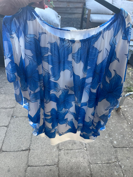 VLEERMUIS KORTE MOUW PRINT BLOEM KOBALT