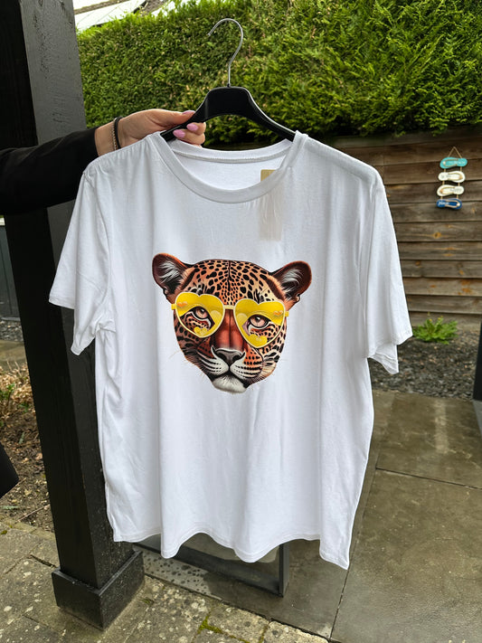 T-SHIRT MET PANTER BRIL GEEL