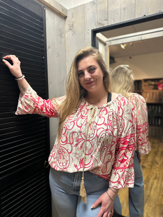 Blouse met print (1) en touwtje fuchsia