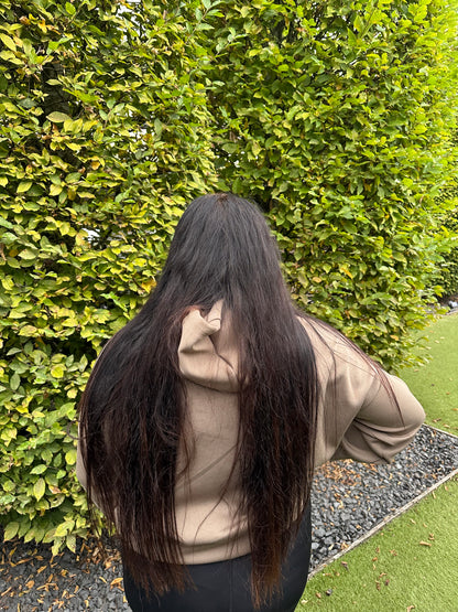 Hoodie met No 5 glitter TAUPE