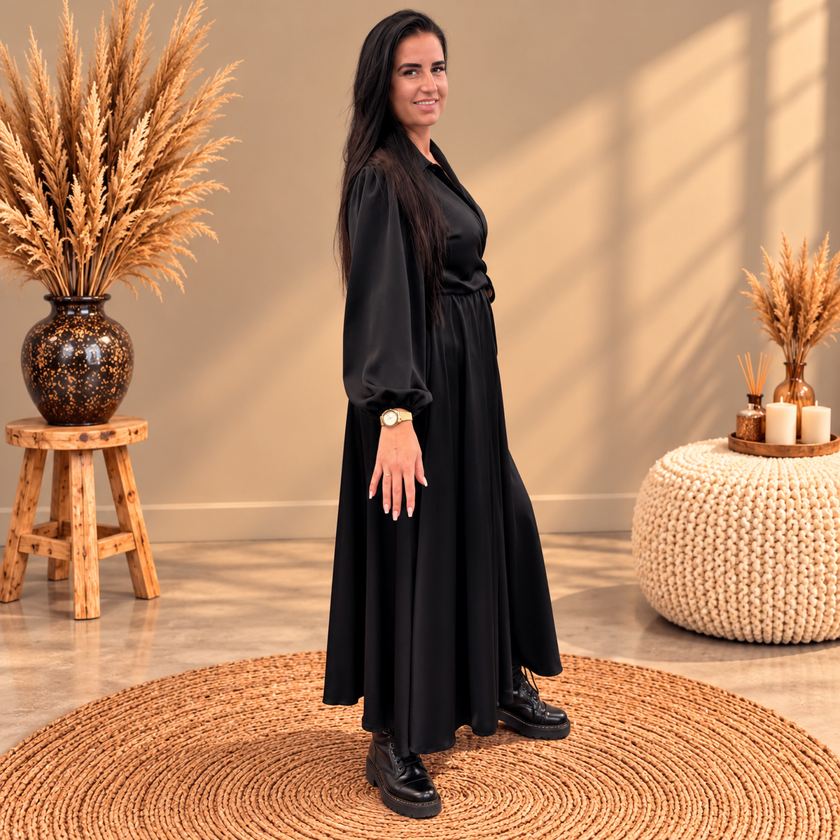 Lange jurk SATIJNEN LOOK ZWART